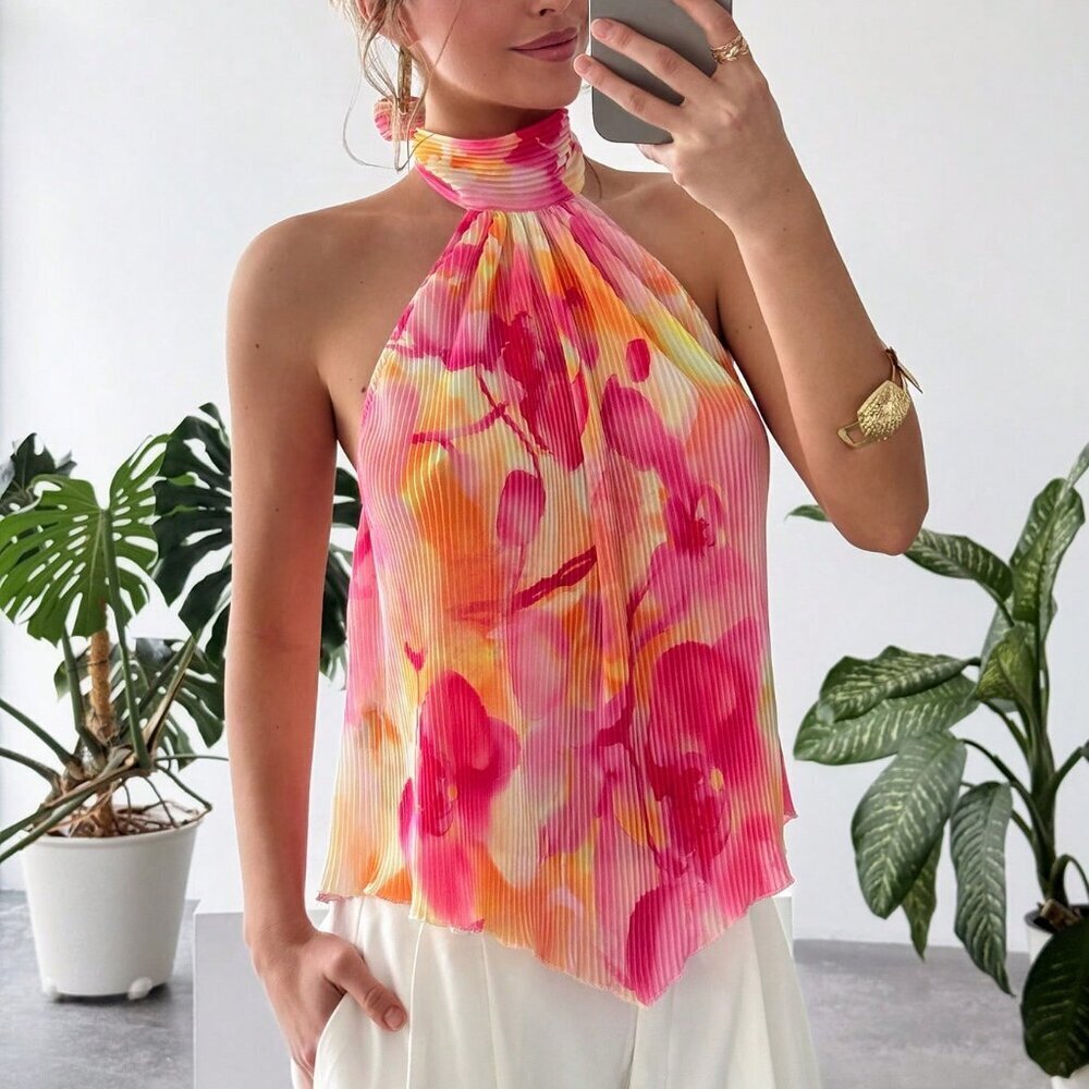 Casual Floral Pleated Halter Neck Women's Blouse - Picture 8 of 9